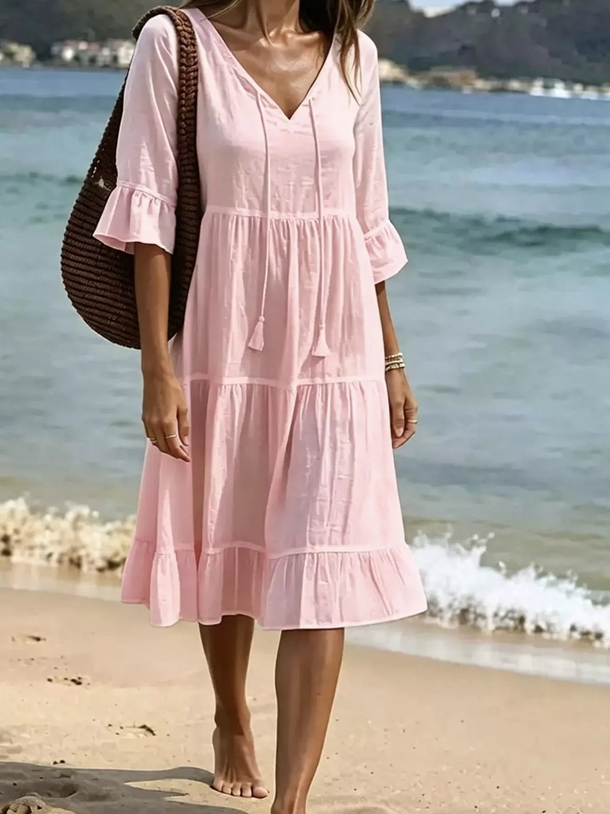 Full Size Tiered Tie Neck Flounce Sleeve Dress Plus (7)