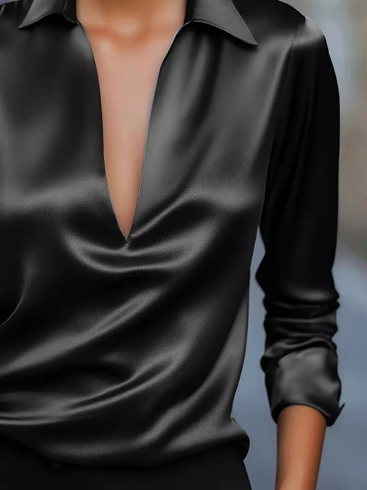 Satin Johnny Collar Long Sleeve Blouse (5)
