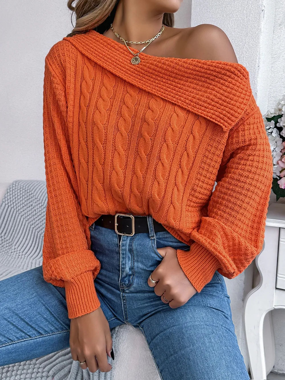 Cable-knit One Shoulder Long Sleeve Sweater (12)