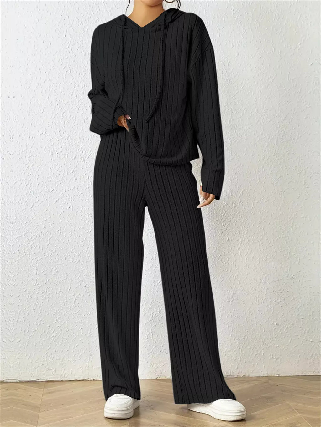 Ribbed Drawstring Hoodie Pants Set (10)