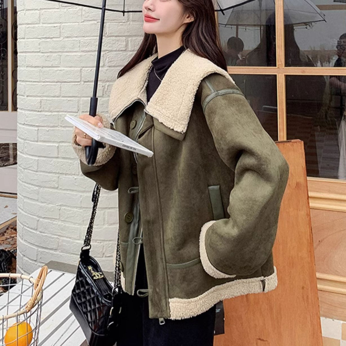 Korean-style Retro Green Suede Lambswool Coat photo 5