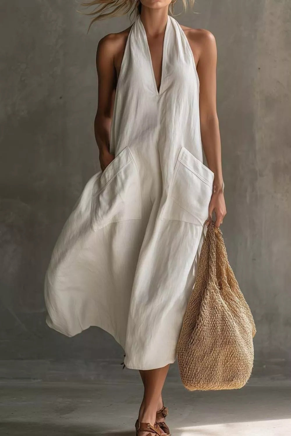 Casual Halter Neck Pocket Midi Dress (8)