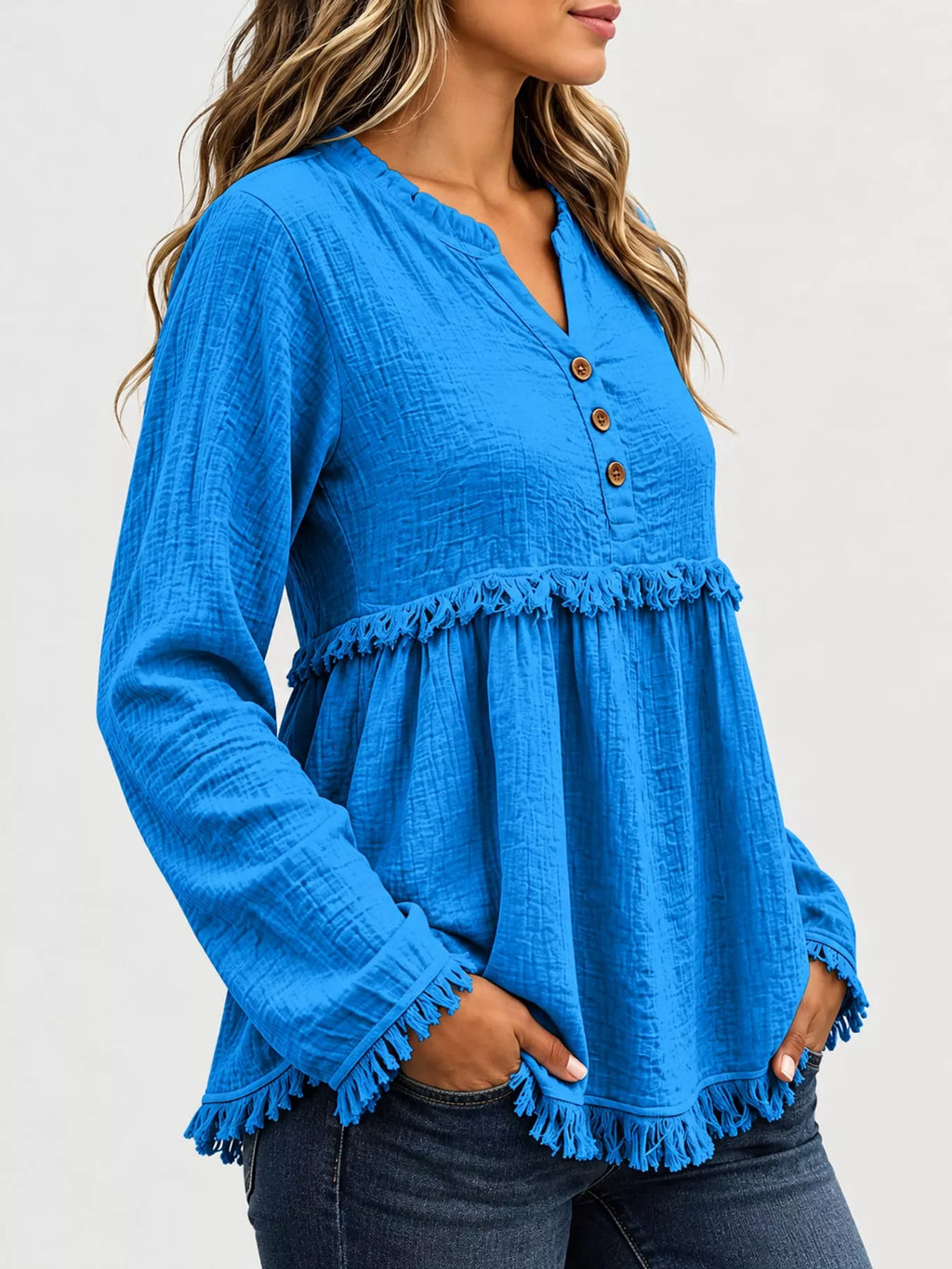 Full Size Frayed Hem Button Detail Blouse Plus (2)