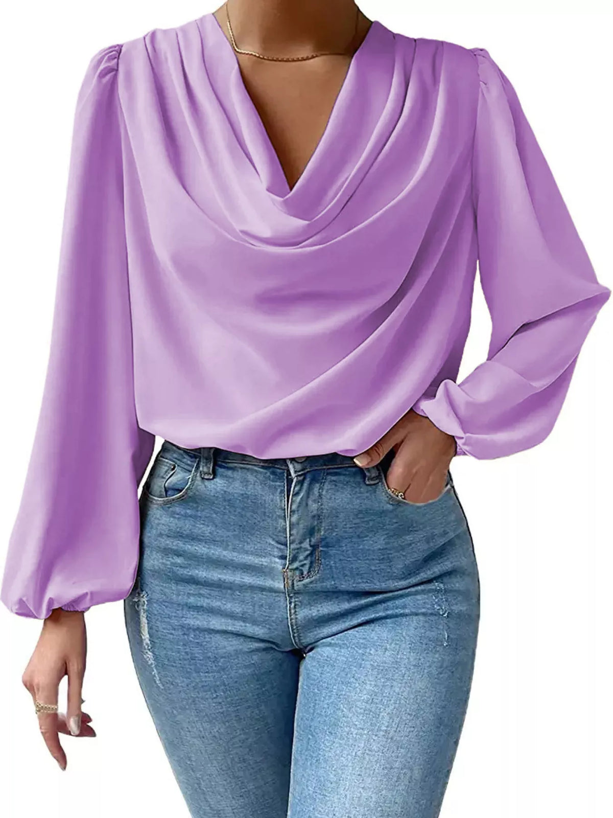 Full Size Cowl Neck Balloon Sleeve Blouse Plus (19)