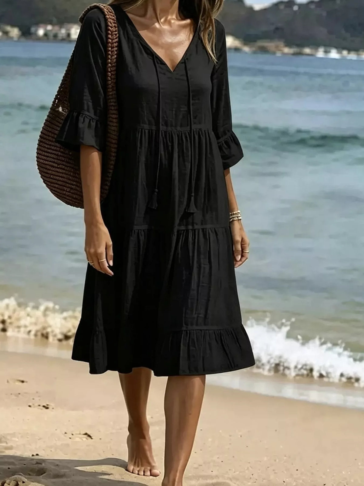 Full Size Tiered Tie Neck Flounce Sleeve Dress Plus (10)