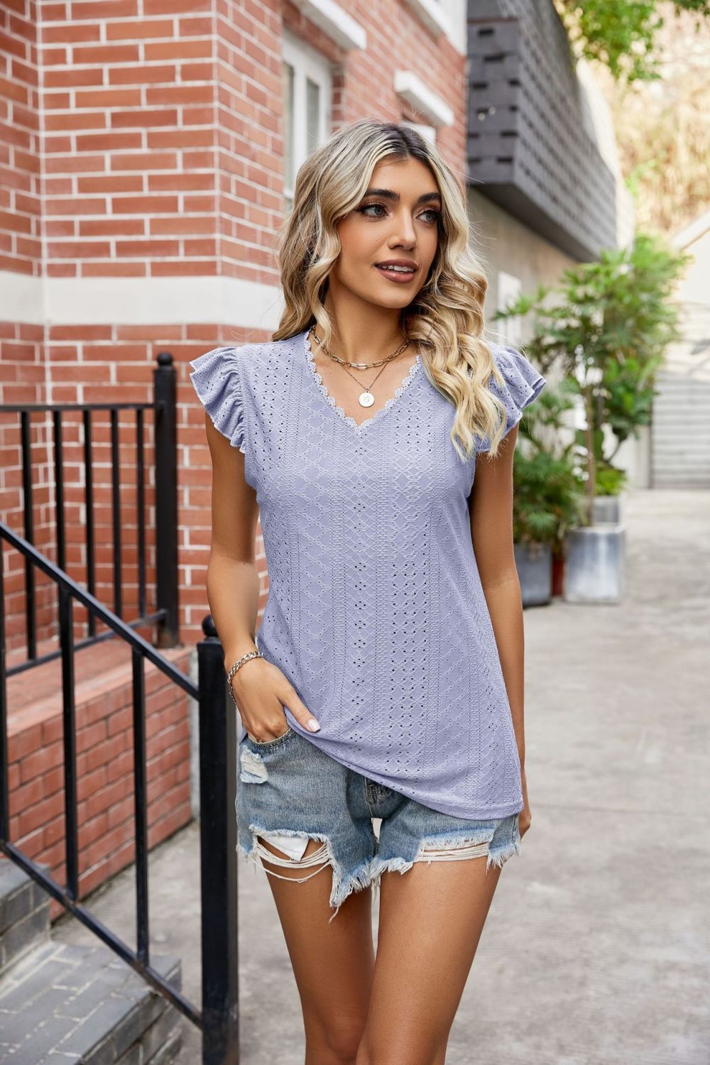 Eyelet Flutter Sleeve Scalloped V-neck Top (20)