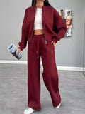 Baseball Collar Zip Up Outerwear Drawstring Pants Set