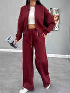 Baseball Collar Zip Up Outerwear Drawstring Pants Set