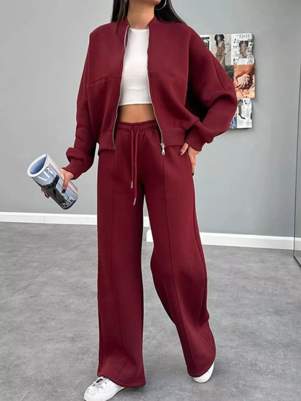 Baseball Collar Zip Up Outerwear Drawstring Pants Set