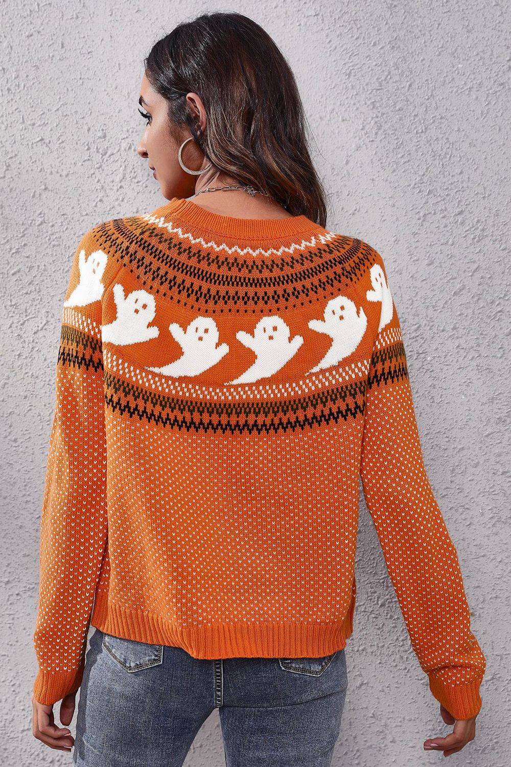 Ghost Pattern Round Neck Long Sleeve Sweater (15)