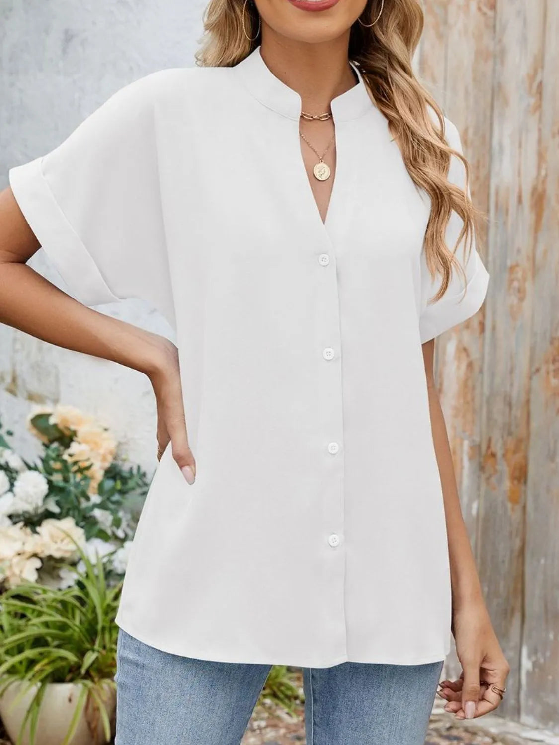 Notched Short Sleeve Blouse (8)