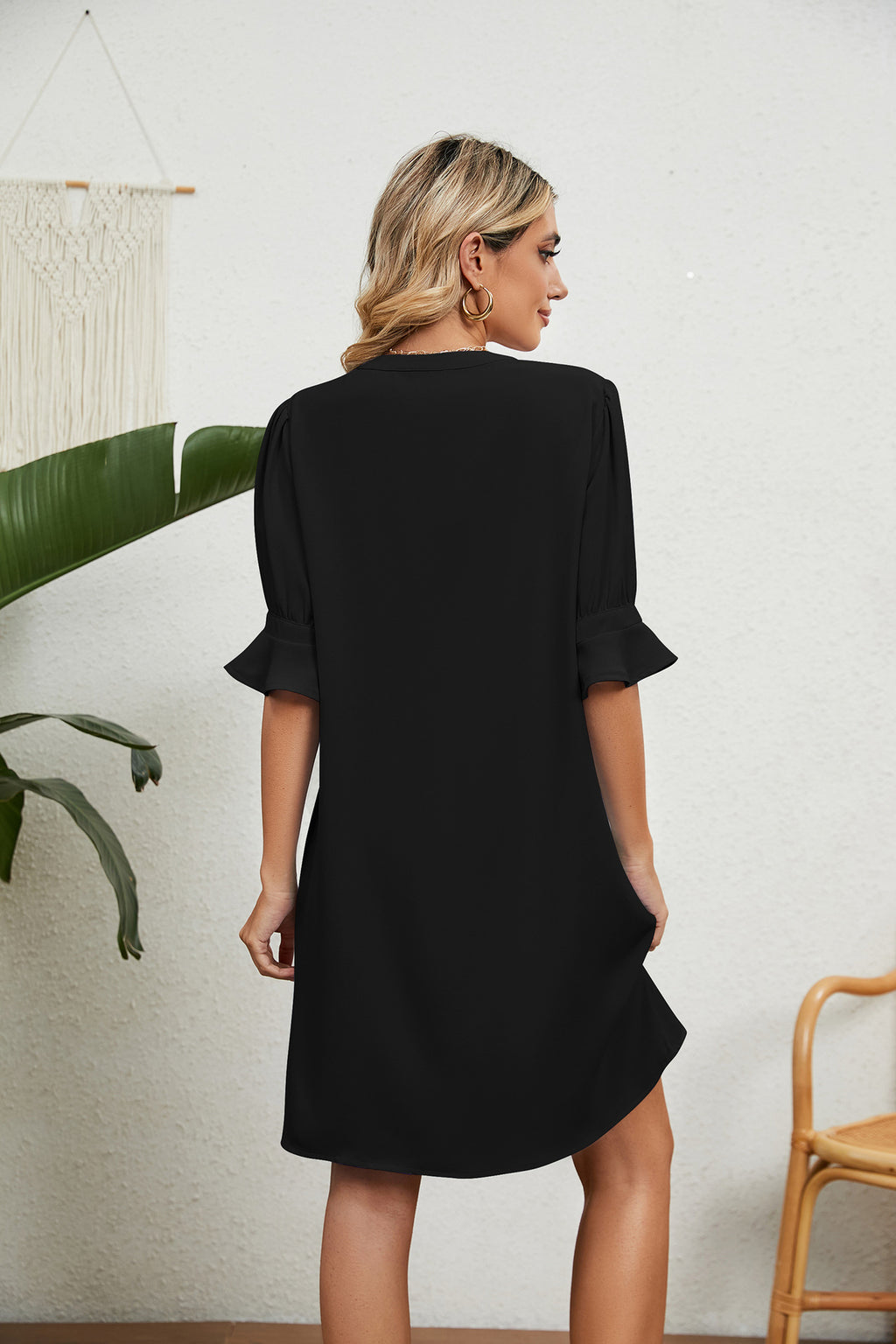 Notched Neck Flounce Sleeve Dress (15)