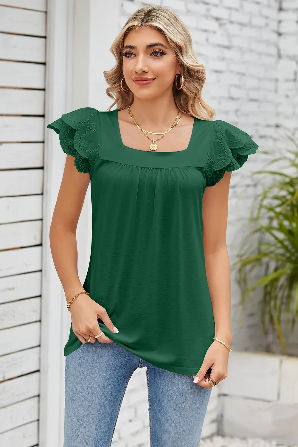Eyelet Square Neck Cap Sleeve Blouse (5)