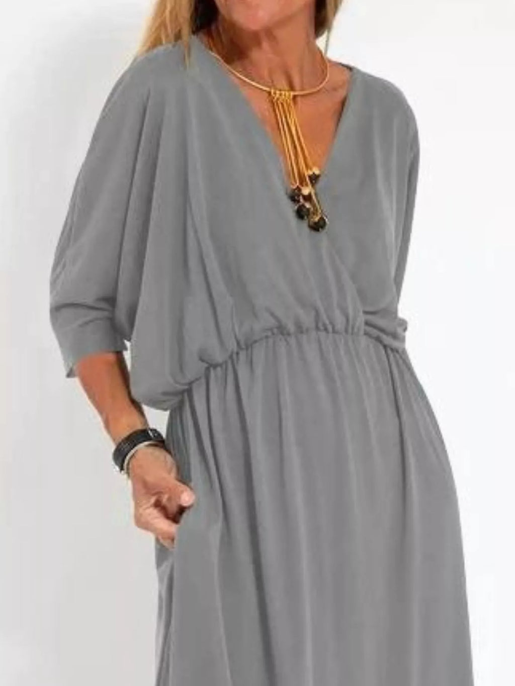 Full Size V-neck Batwing Sleeve Maxi Dress Side Slits Plus (12)