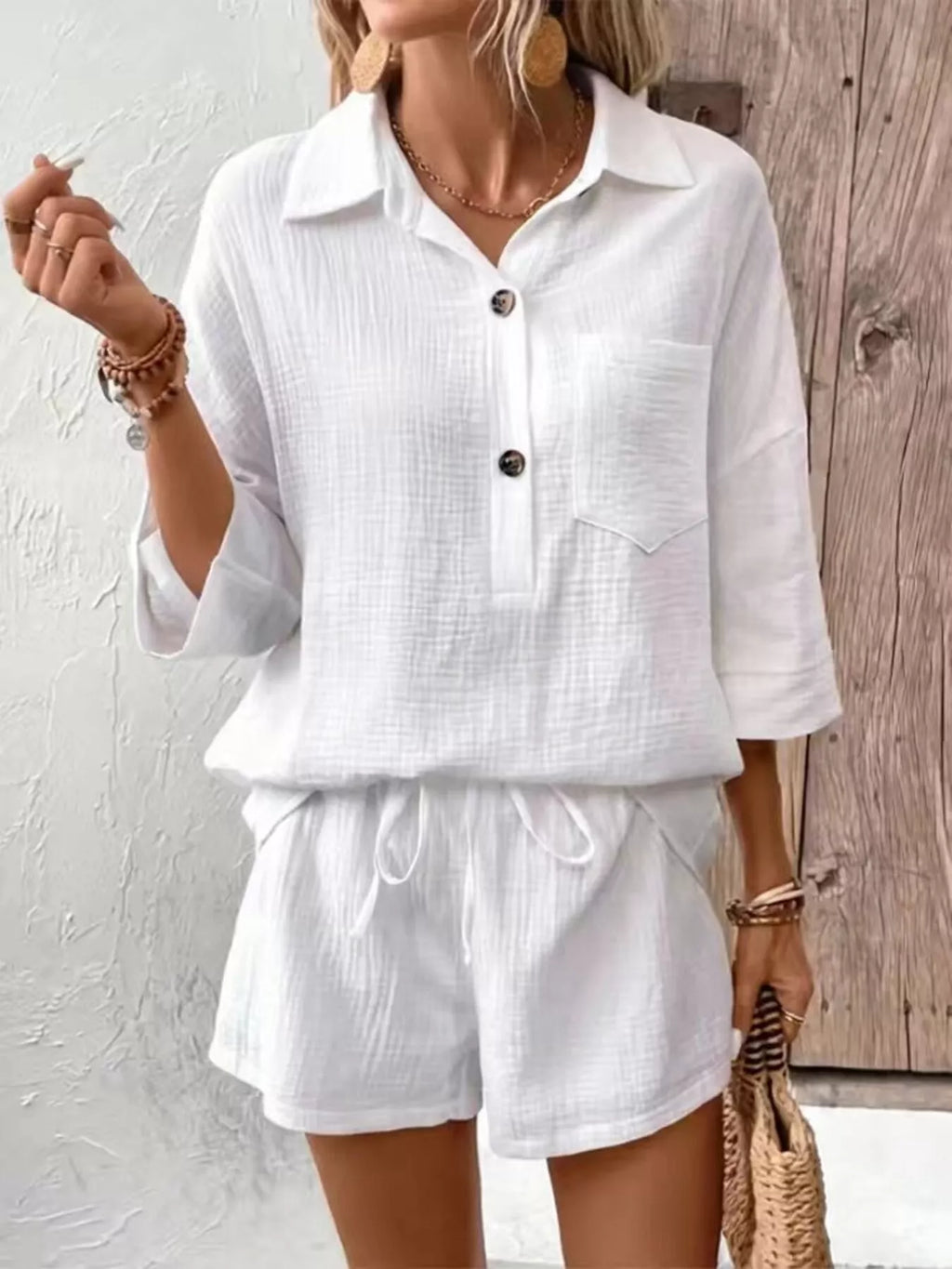 Button Detail Top Shorts Set (4)