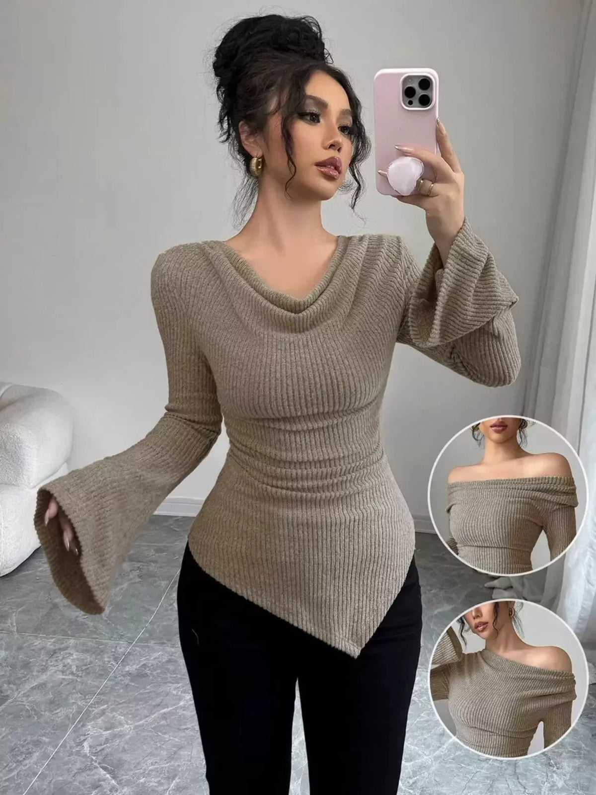 Cowl Neck Flare Sleeve Top (7)