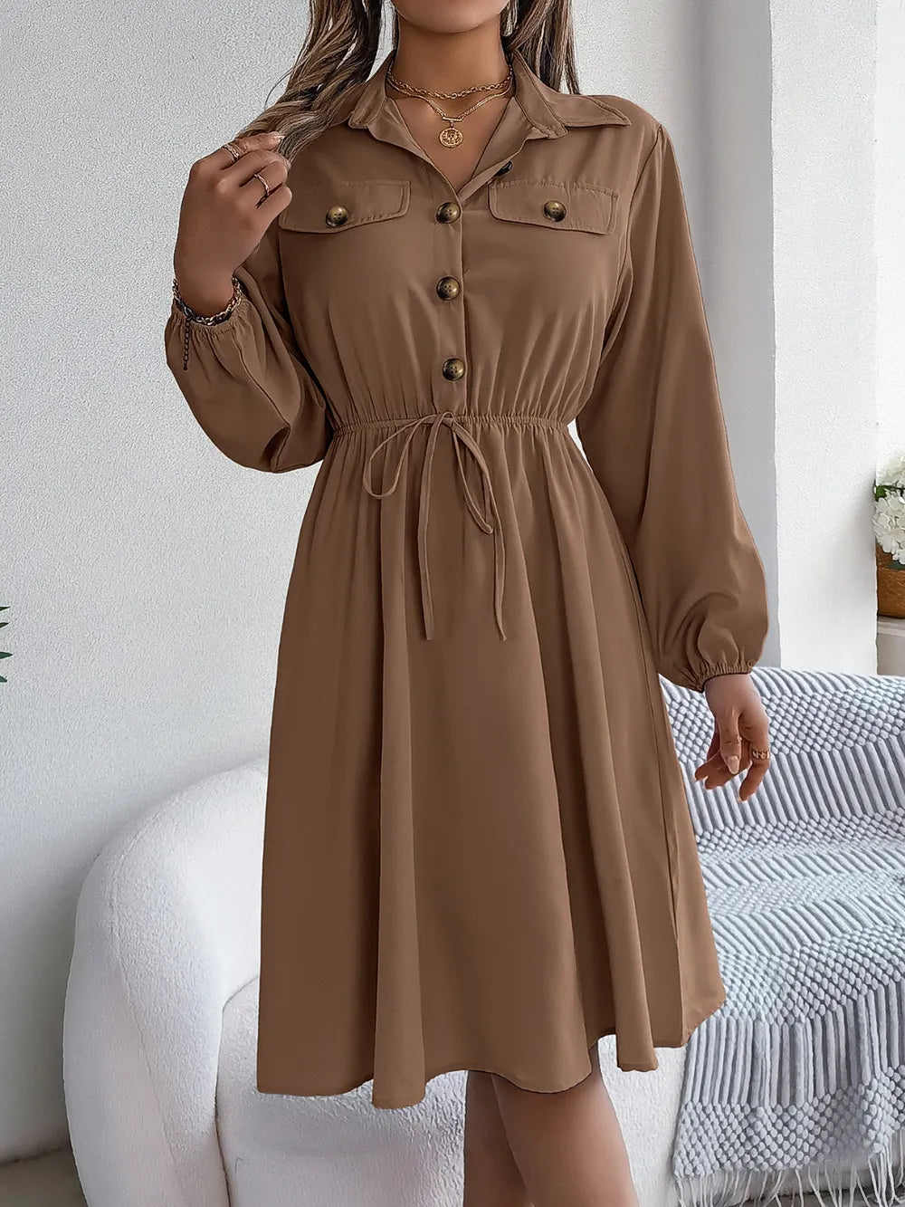 Collared Neck Long Sleeve Dress Pockets (21)