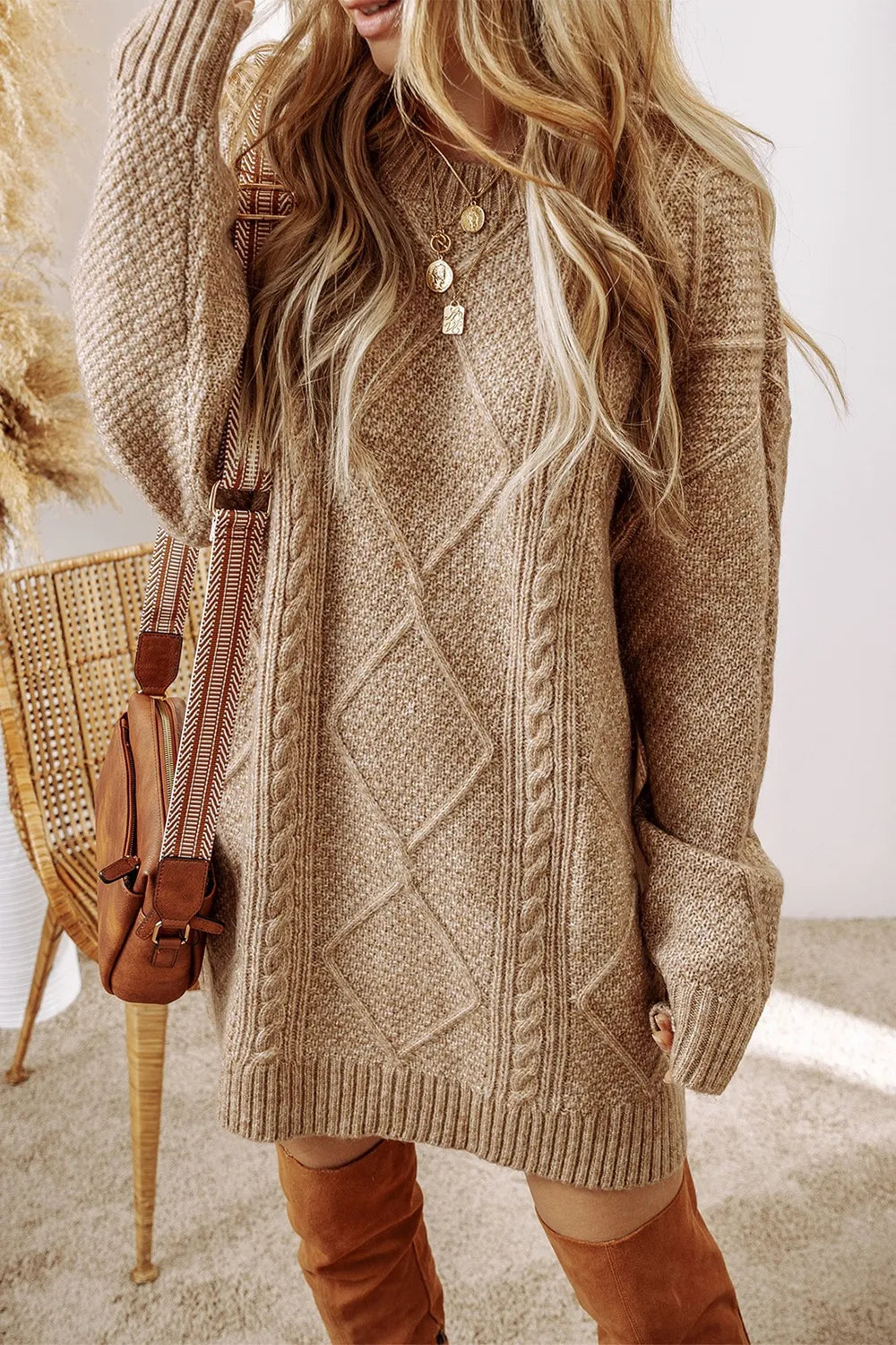 Cable-knit Round Neck Sweater Dress (14)