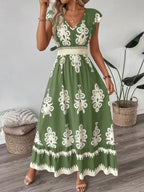 Printed V-neck Ruffled Cap Sleeve Dress (2)
