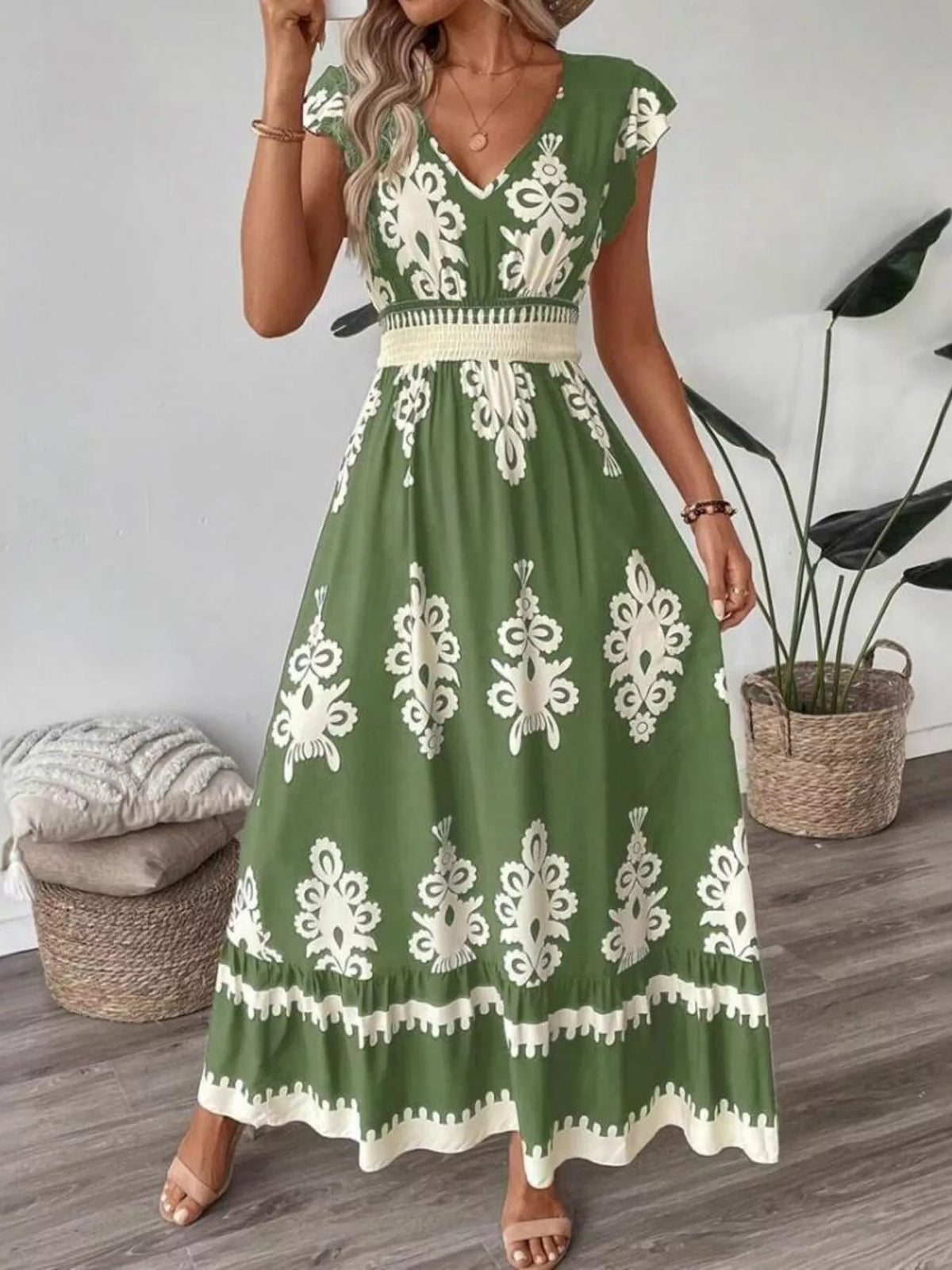 Printed V-neck Ruffled Cap Sleeve Dress (2)