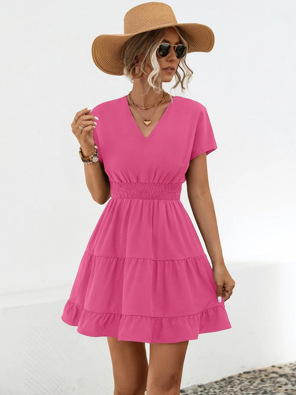 Ruffled Smocked V-neck Tiered Dress (7)