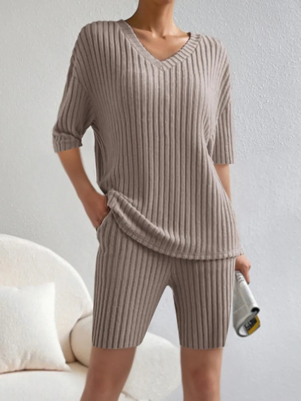 Ribbed V-neck Top Shorts Set