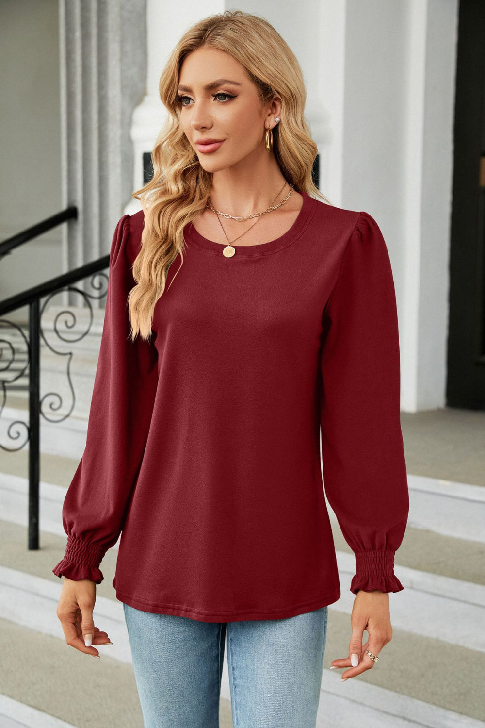 Round Neck Smocked Flounce Sleeve Blouse (8)