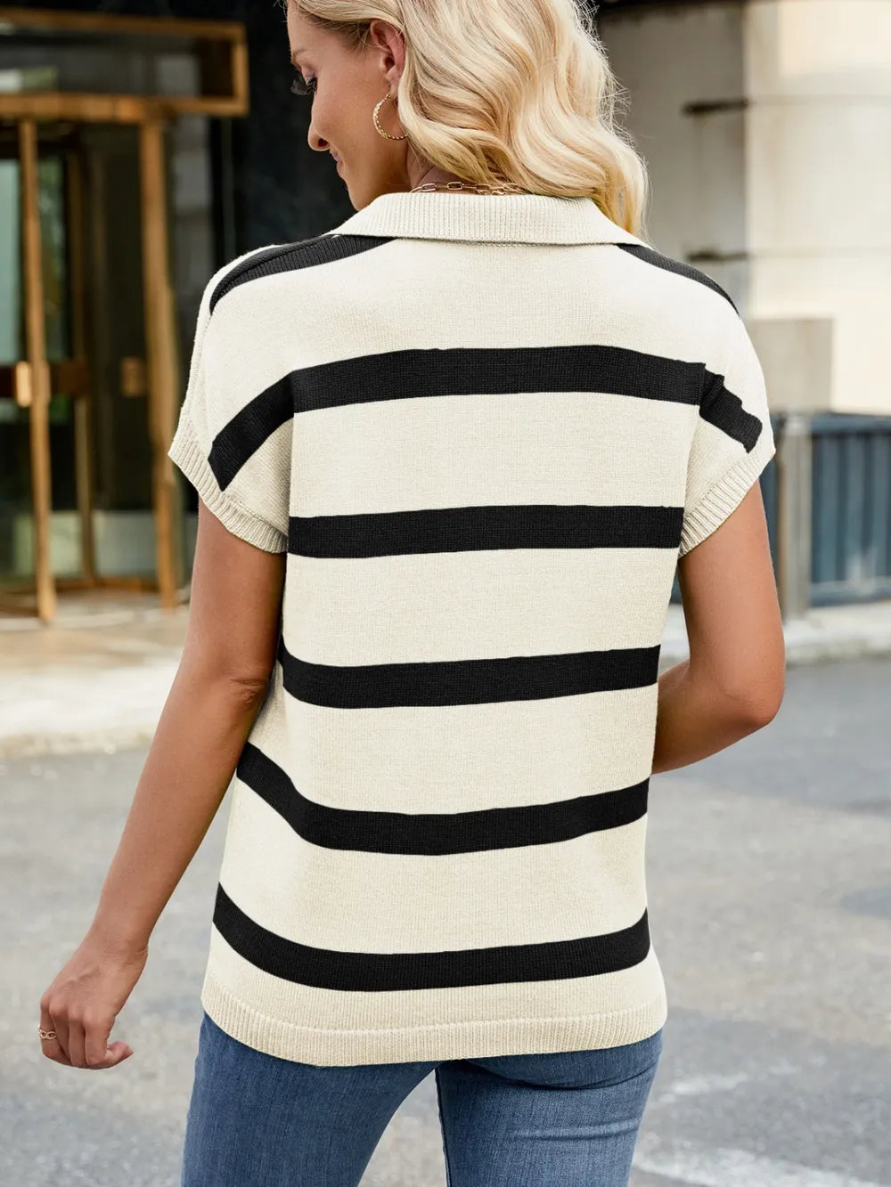 Striped Johnny Collar Cap Sleeve Sweater (4)