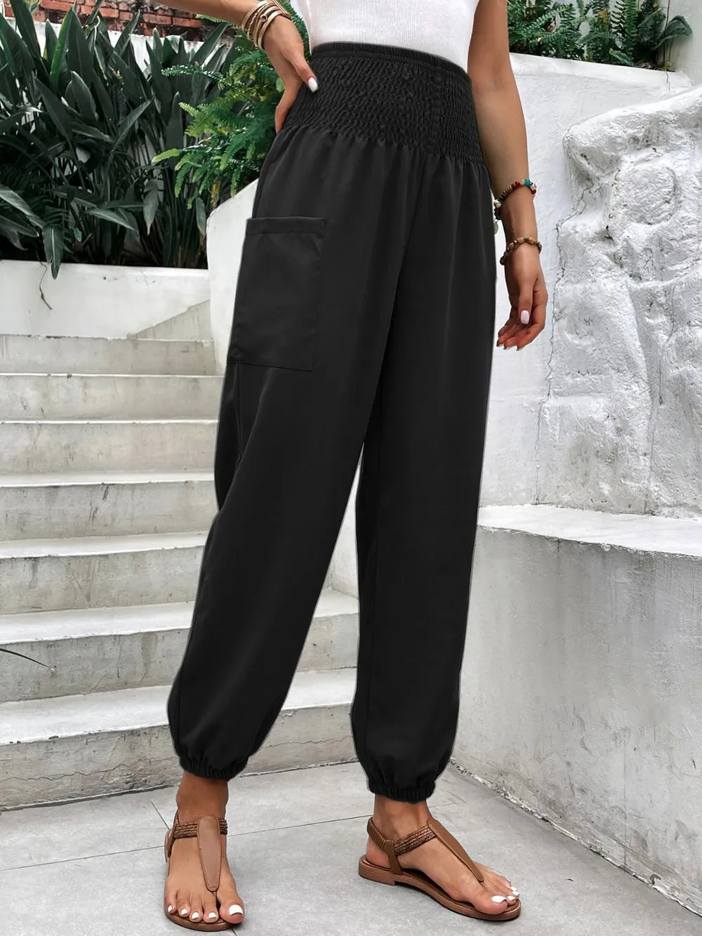 Smocked High Rise Joggers Pockets (2)