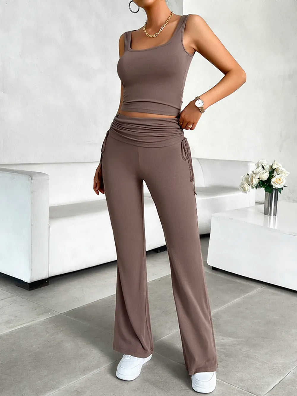 Square Neck Tank Drawstring Pants Set (9)