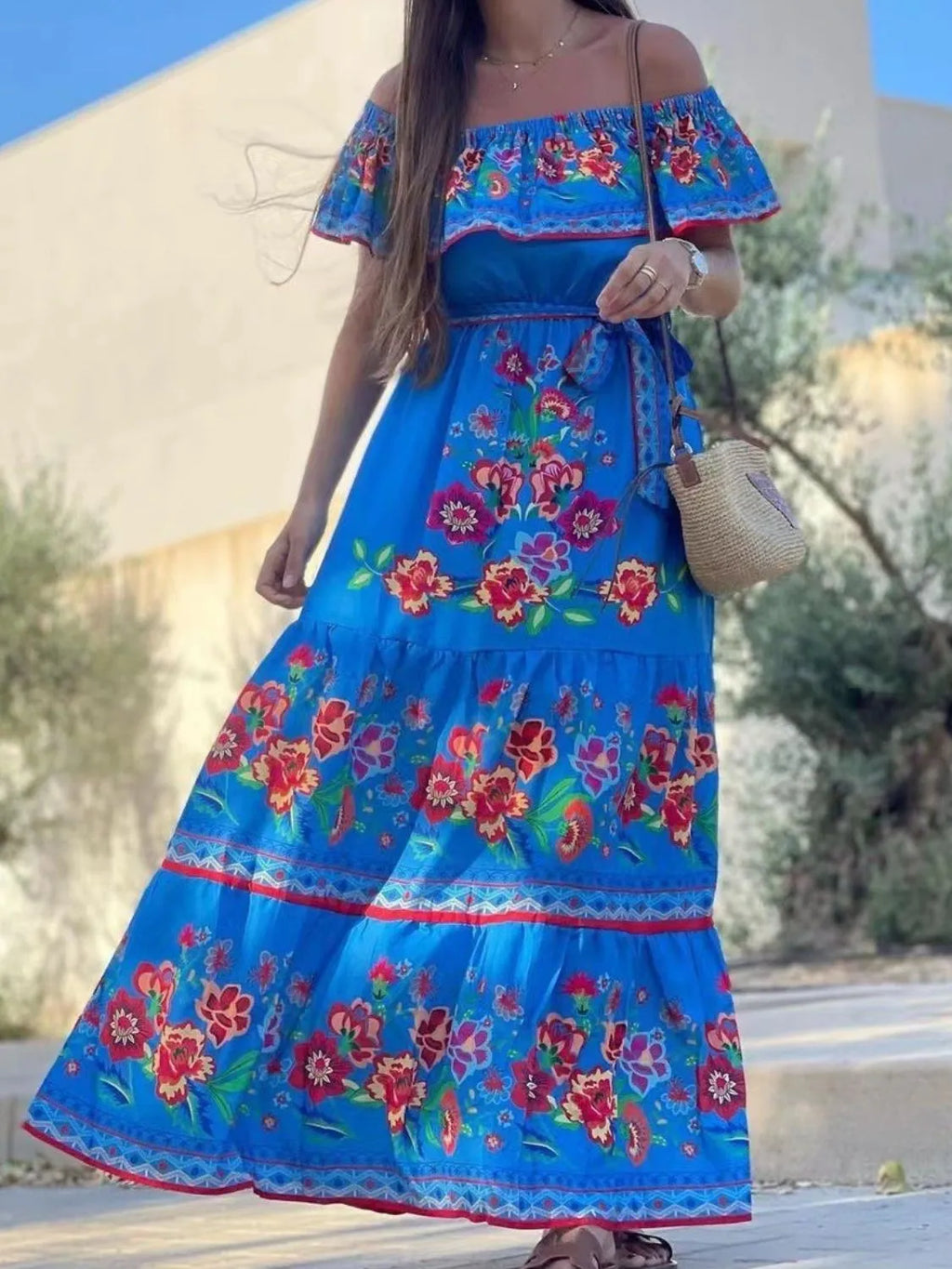 Floral Off Shoulder Ruffle Maxi Dress (21)