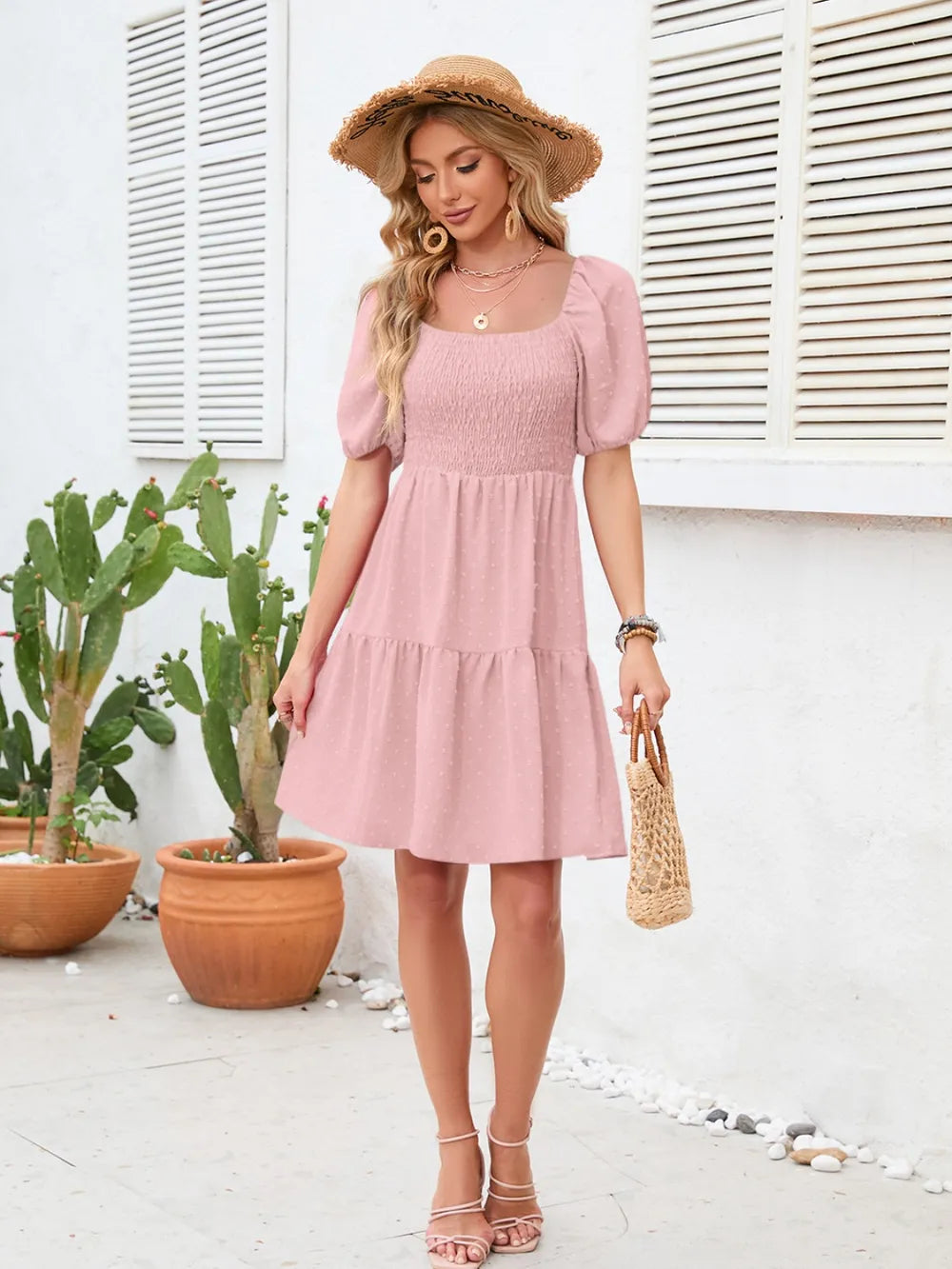 Swiss Dot Smocked Square Neck Dress (12)