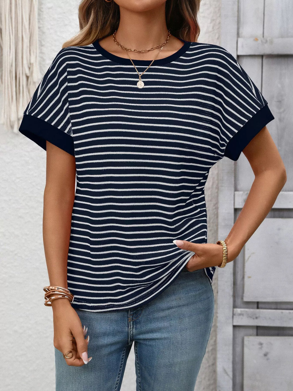 Striped Ribbed Knit Short Sleeve T-shirt (18)