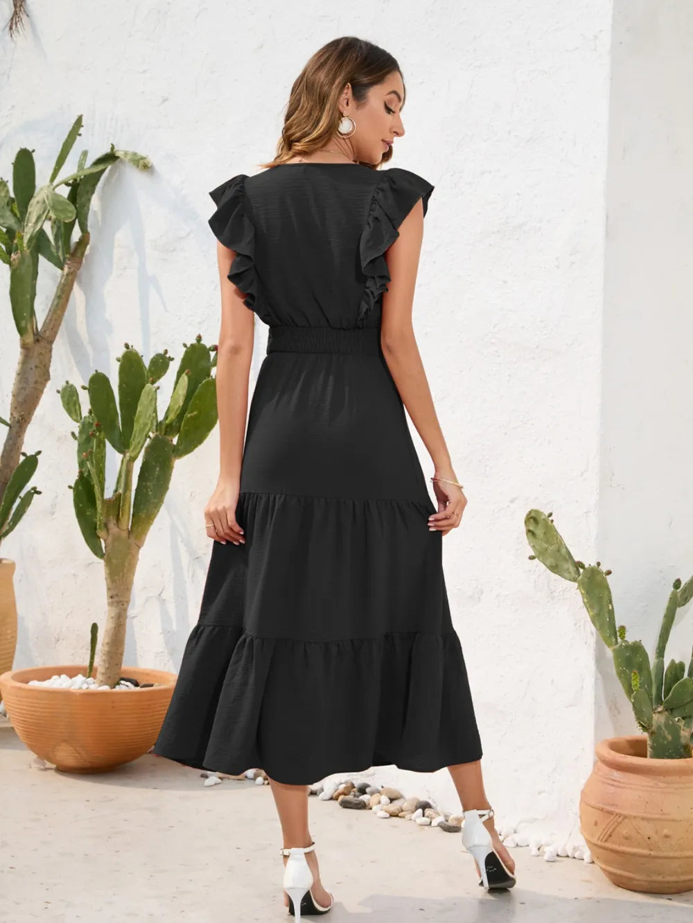 Tiered Ruffled V-neck Cap Sleeve Dress (9)
