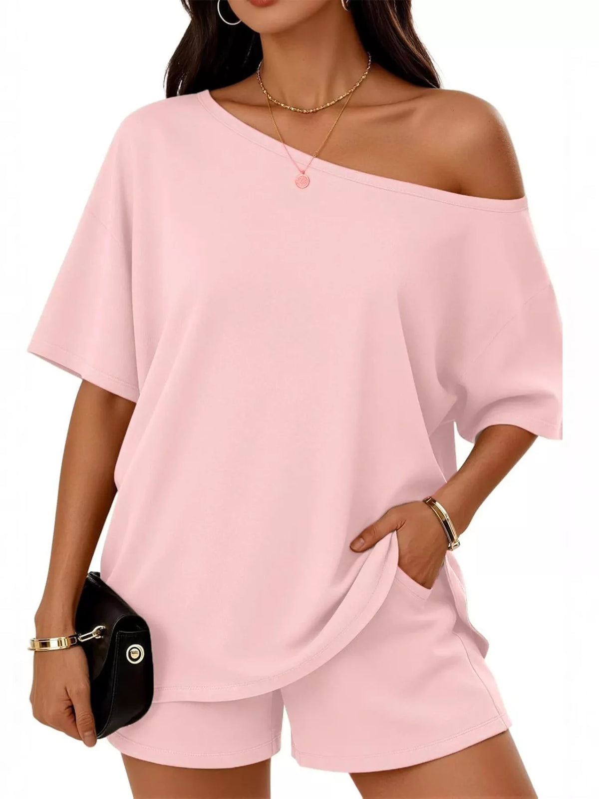 Full Size One Shoulder Top Shorts Set Plus (25)