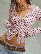 Polka Dot Button Down Textured Long Sleeve Blouse (13)