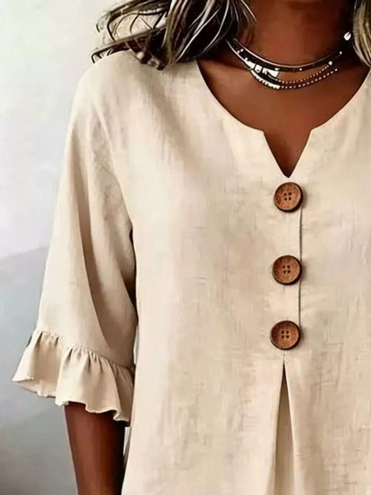 Full Size Casual Ruffle‑sleeve Decor‑button Top Plus (10)
