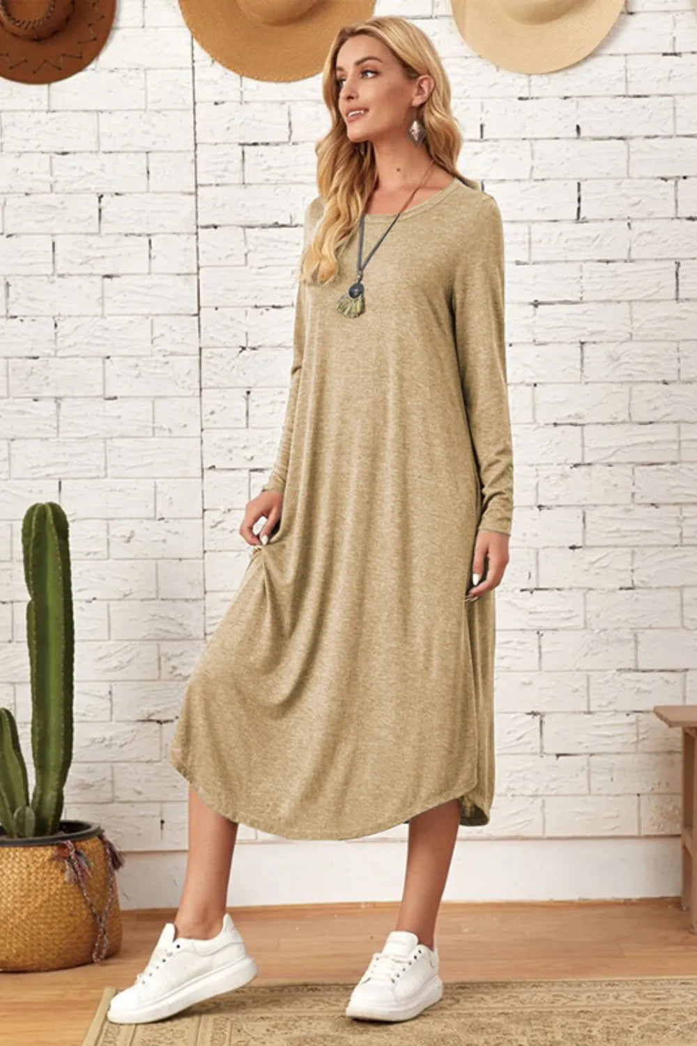 Pocketed Round Neck Long Sleeve Tee Dress (14)