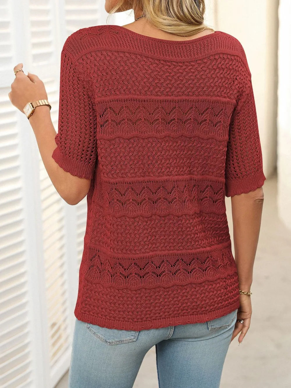 Openwork Round Neck Half Sleeve Knit Top (9)