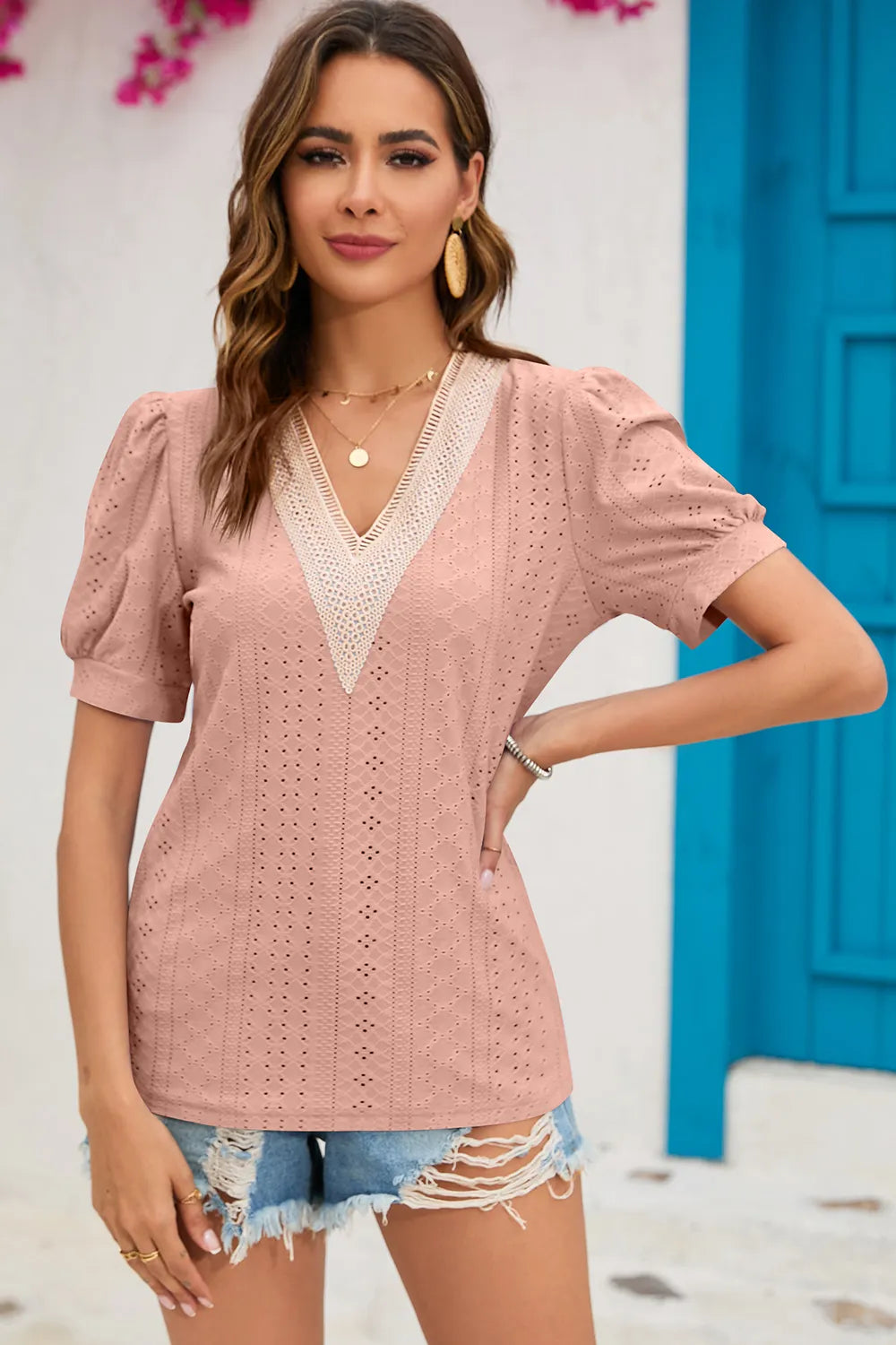 Eyelet V-neck Short Sleeve T-shirt (5)