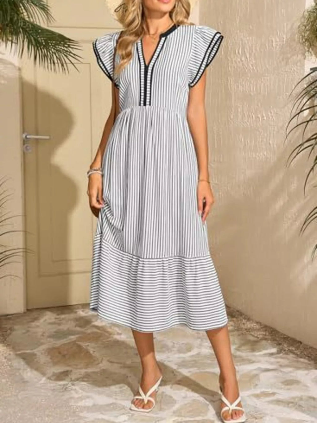 Striped Notched Ruffle Sleeve Dress (7)