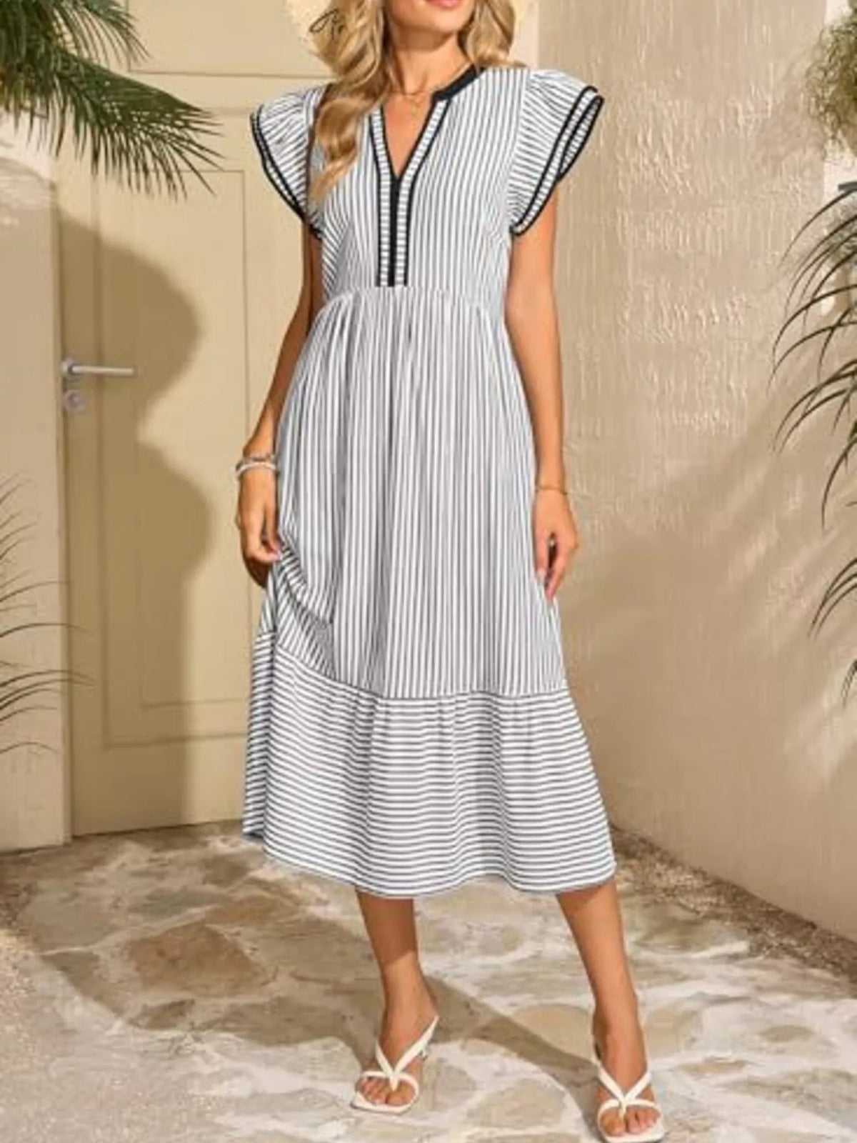 Striped Notched Ruffle Sleeve Dress (7)