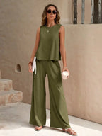 Round Neck Sleeveless Top Wide Leg Pants Set (12)