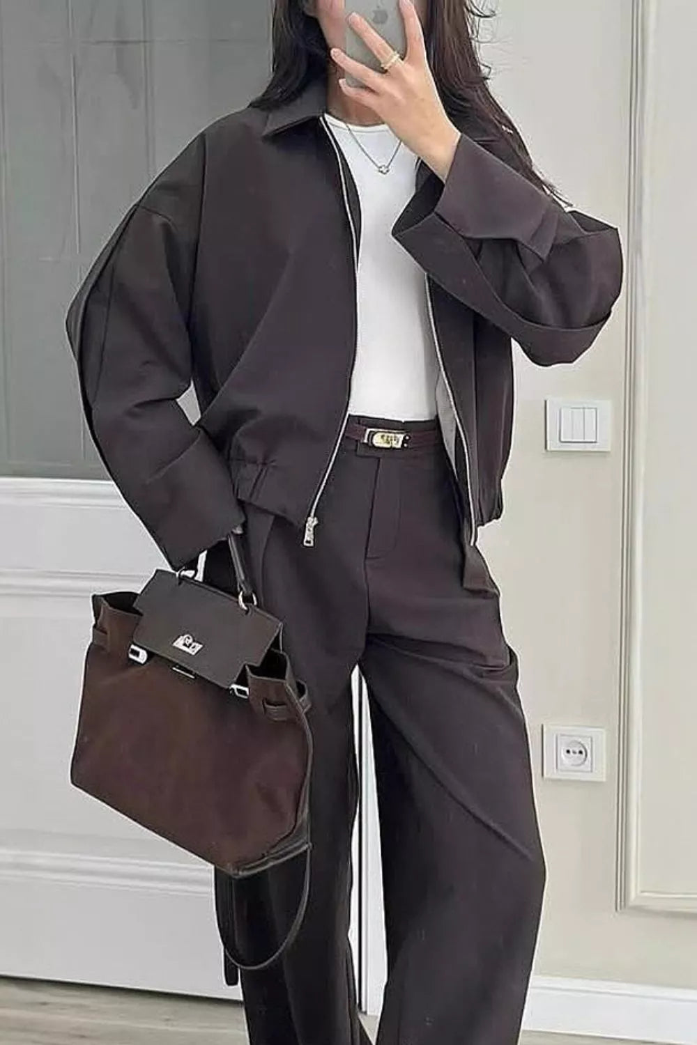 Zip-up Jacket Wide-leg Pants Set (14)