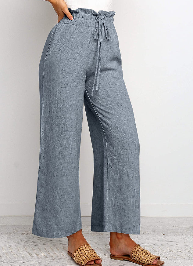 Elastic Waistband Lace-up Wide Leg Pants Solid Color Cropped (19)