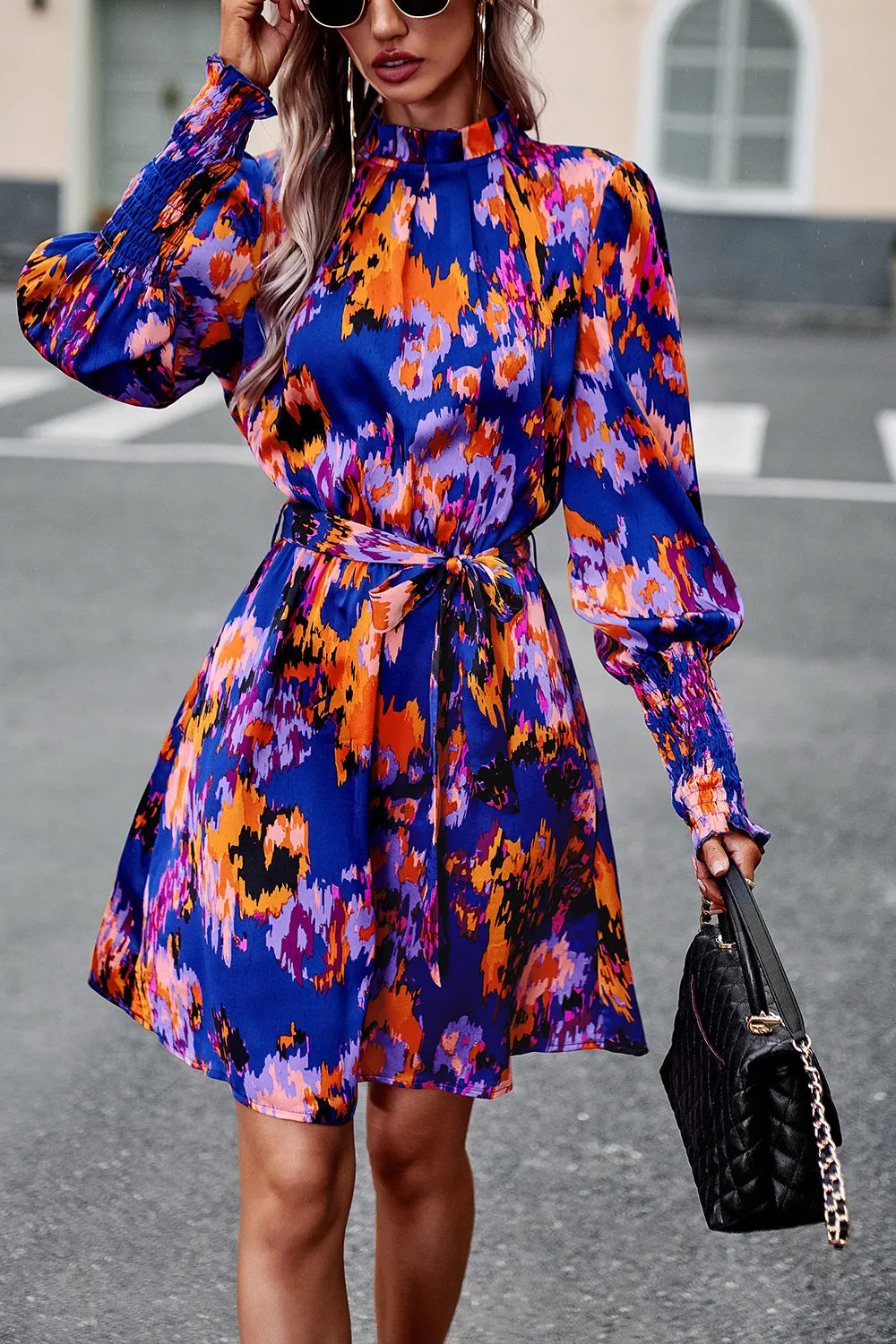 Printed Tie Waist Mock Neck Lantern Sleeve Dress (3)
