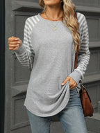 Striped Round Neck Raglan Sleeve T-shirt (5)