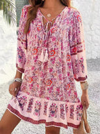 Floral Print Tassel Tie Neck Mini Dress
