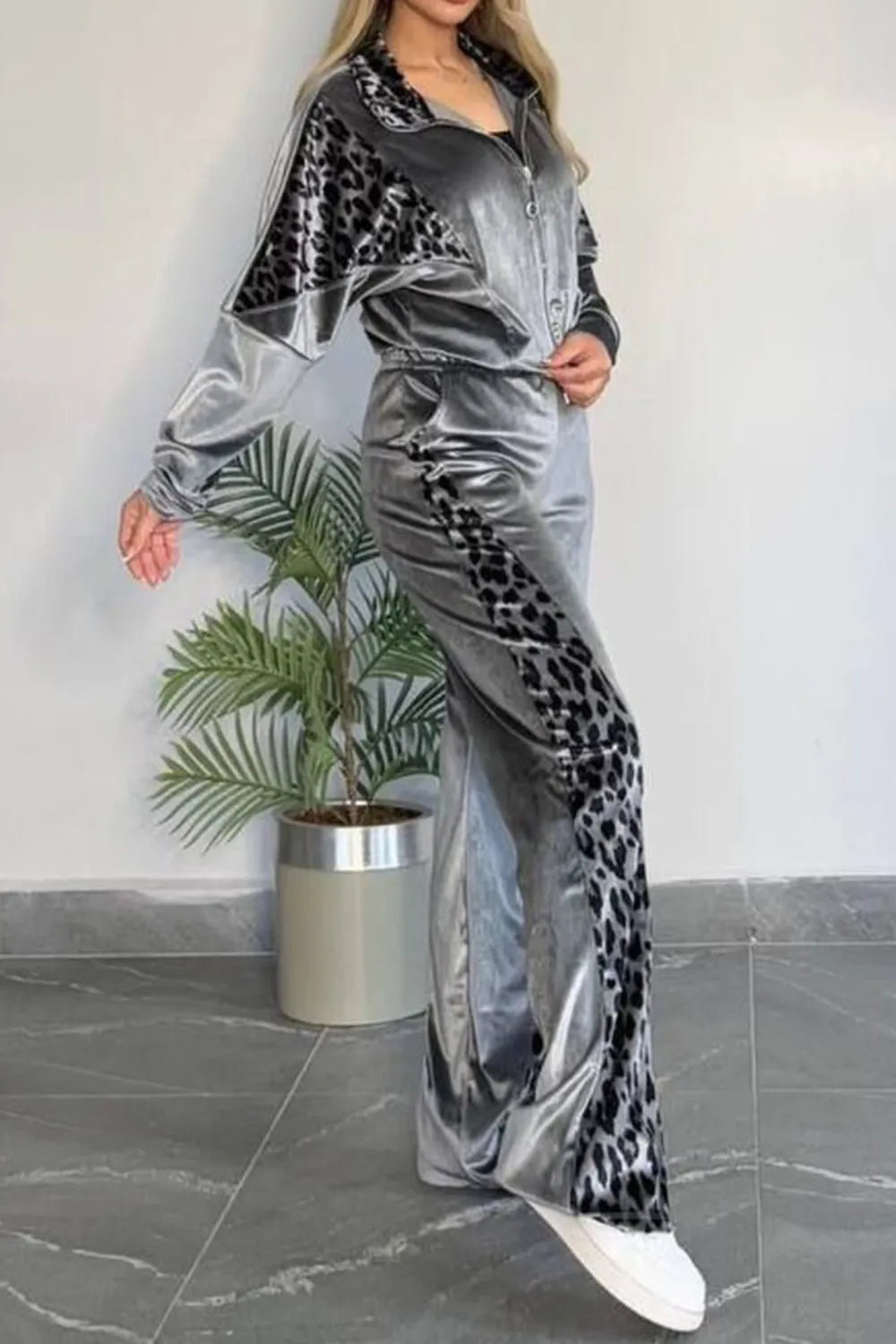 Full Size Collared Neck Leopard Zip Up Top Pants Set Plus (2)