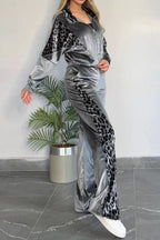 Full Size Collared Neck Leopard Zip Up Top Pants Set Plus (2)